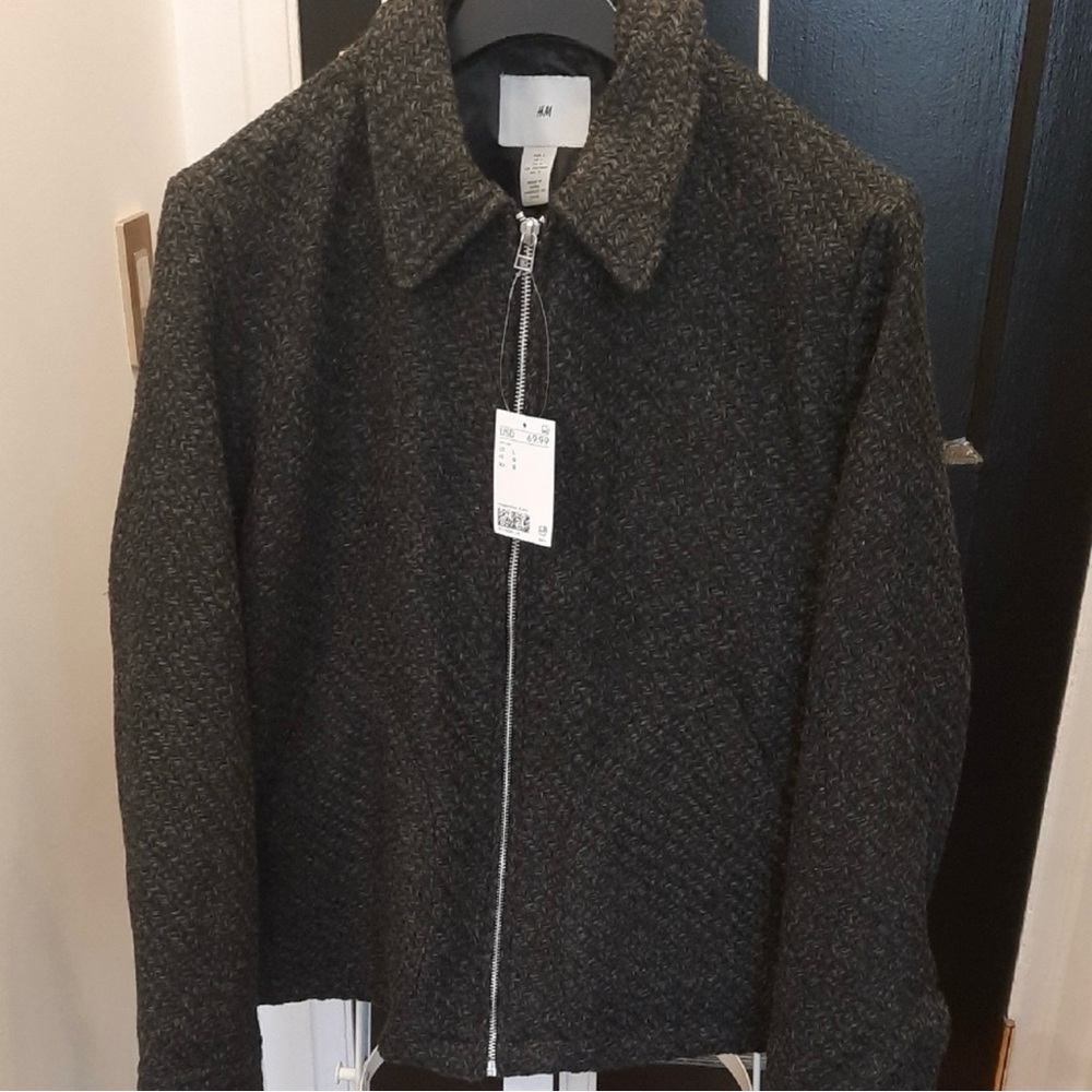 H&M Men's Charcoal Textured Jacket REGULAR FIT TWEED OVERSHIRT